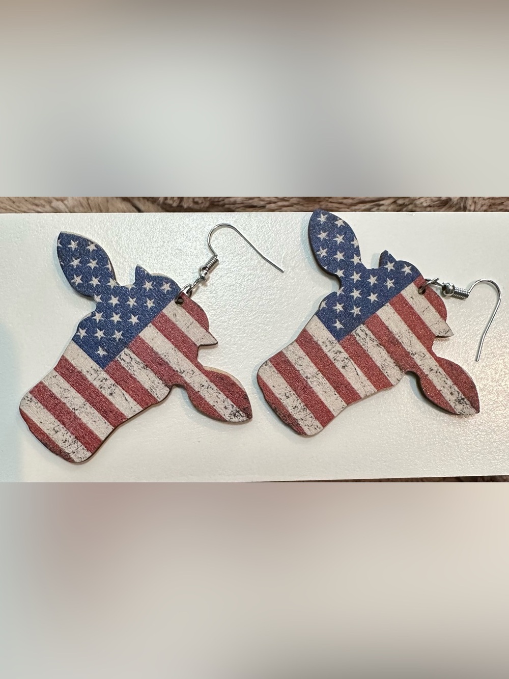 Patriotic Wooden Cow Head Earrings - American Flag Print. Super lightweight!
